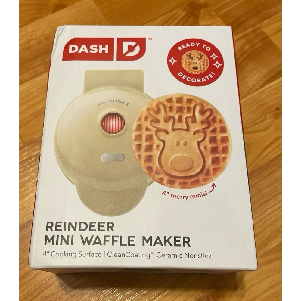 Dash Electric "REINDEER" 4" Mini Waffle Maker, Non-Stick 350 Watts -- New in Box